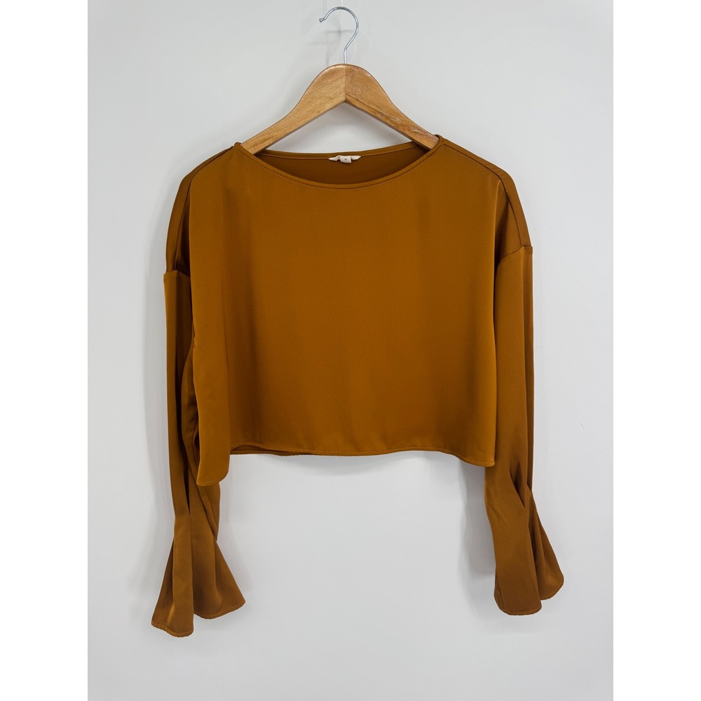 NAP Cropped Top Women M Warm Amber Bell Sleeve Flowy Satiny Loungewear Boxy